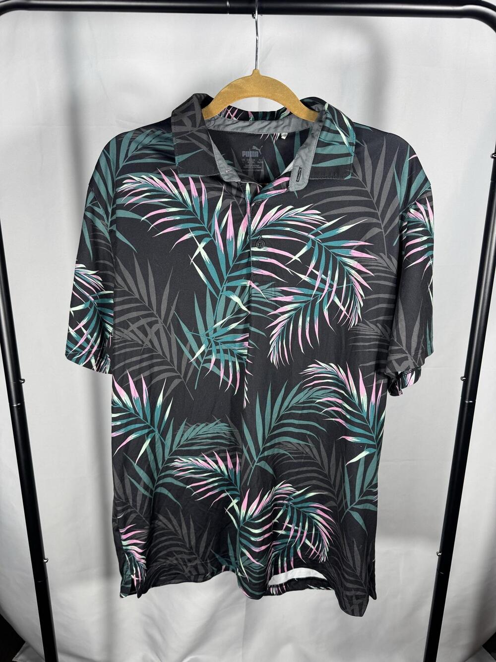 Puma Golf Polo Shirt Mens Large Black Tropical Palm Print Short Sleeve Top